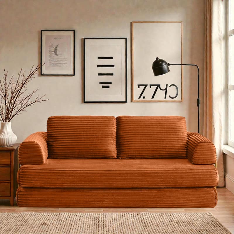 Convertible Sofa Bed Futon, Corduroy Folding Floor Couch with Pillows, Boneless Sleeper Mattress for Living Room