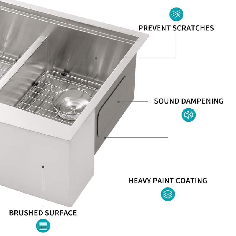 33 Inch Farmhouse 16 Gauge Double Bowl Stainless Steel Kitchen Sink in Brushed Nickel - 33'' x 22'' x 10''