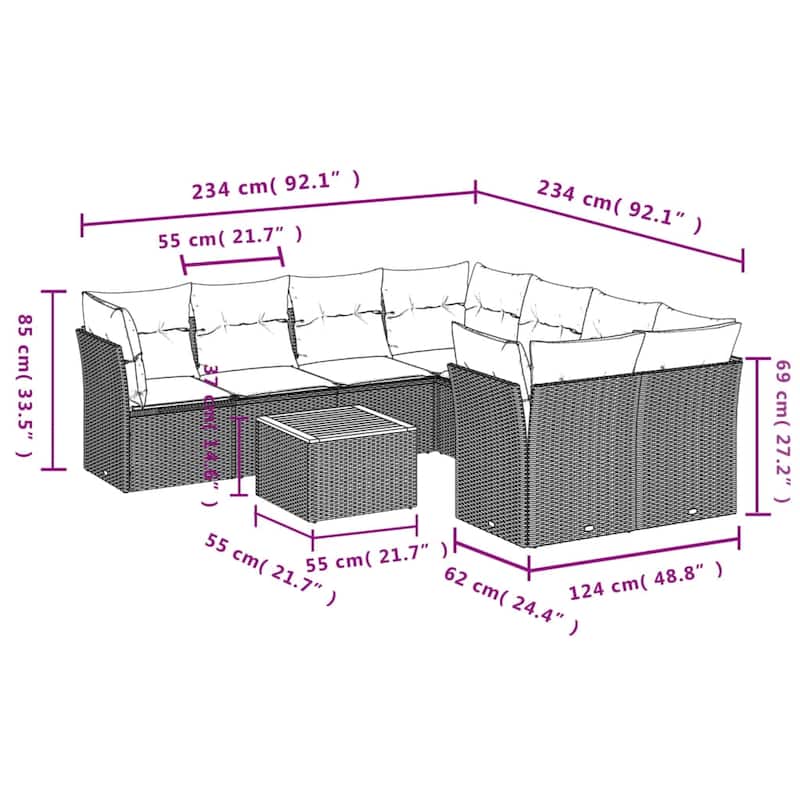 vidaXL Patio Sofa Set with Cushions Outdoor Furniture 9 Piece Poly Rattan - 24.4" x 24.4" x 27.2"