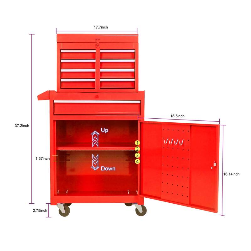 Detachable 5 Drawer Tool Chest with Bottom Cabinet and One Adjustable Shelf