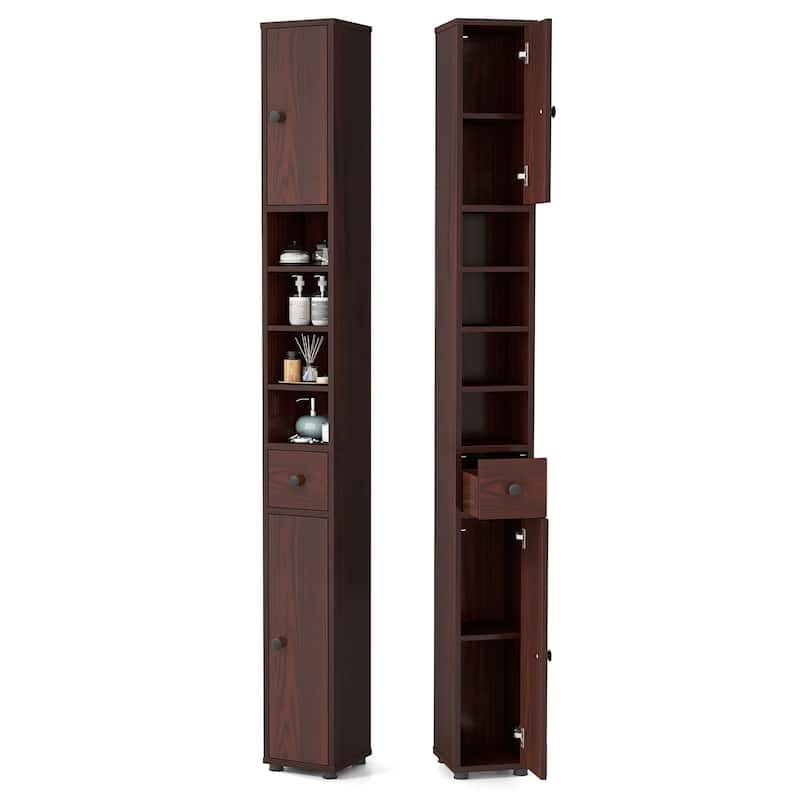 Gymax Tall Slim Bathroom Storage Cabinet Linen Tower w/Drawer - Brown