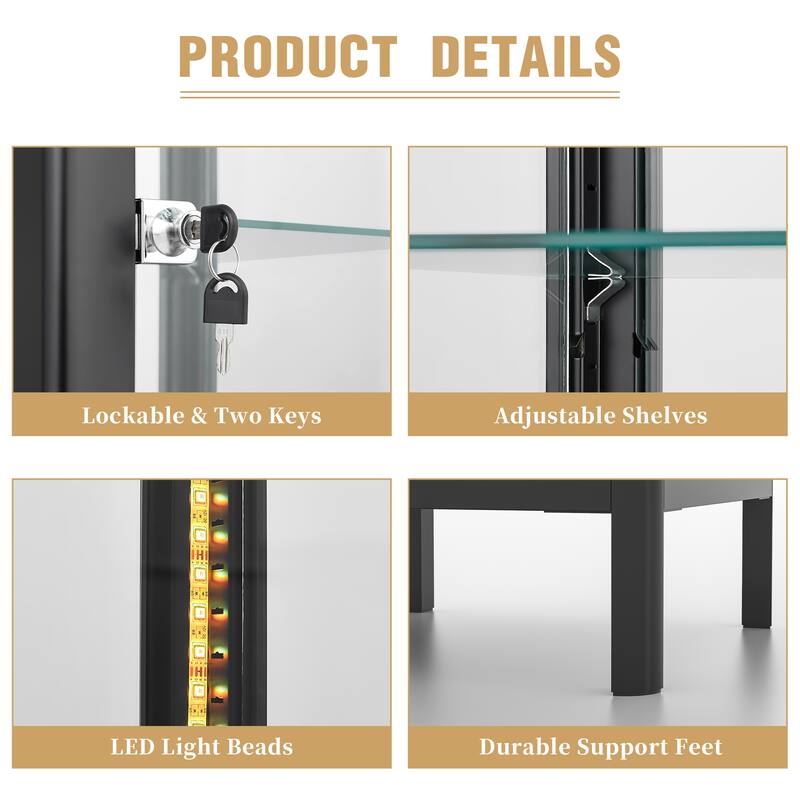 5-Tier Tempered Glass Curio Display Cabinet with Adjustable Shelves - 63"H x 15.4"W x 15.8"D