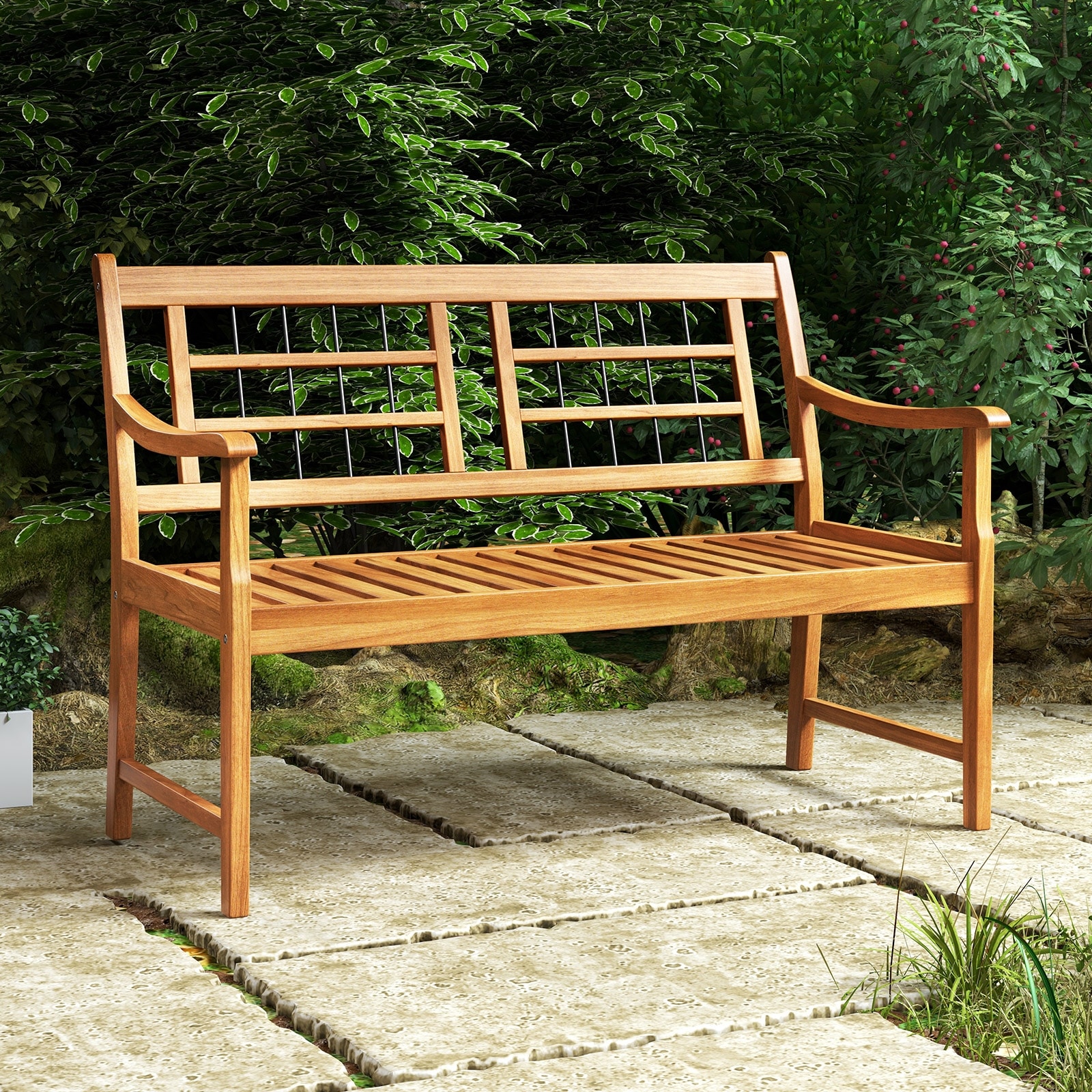 Patio Acacia Wood Bench with Curved Armrests Slatted Seat and Backrest - Multi
