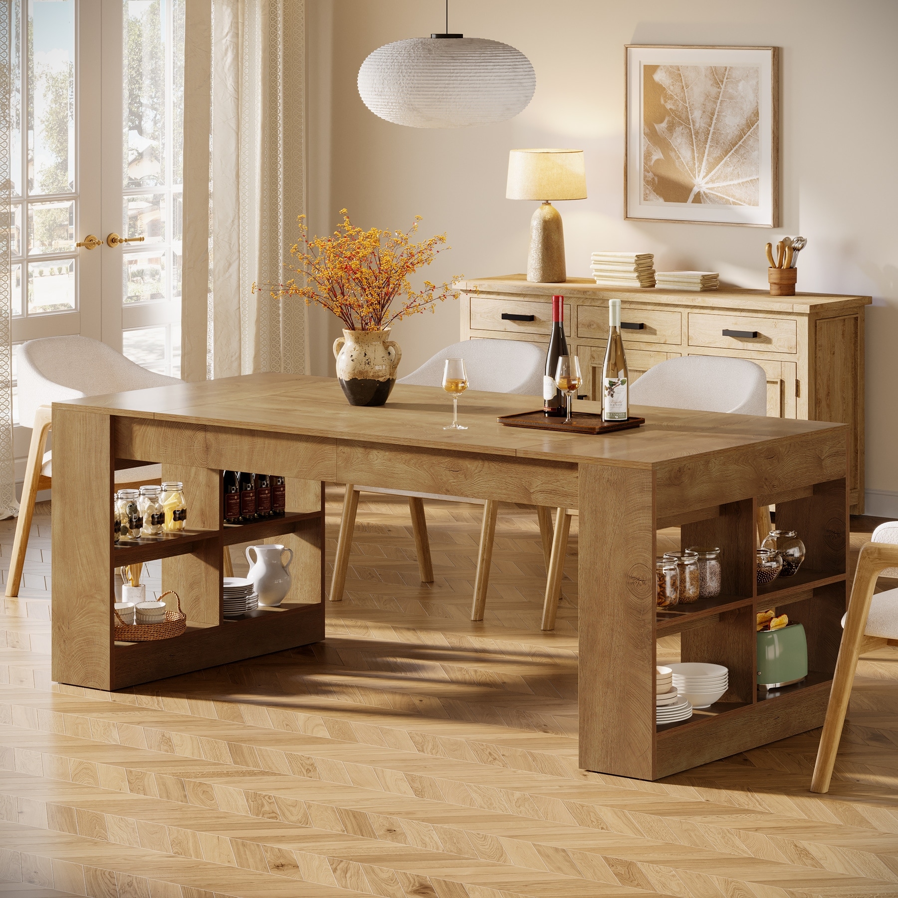 70.87-Inch Dining Table for 6 to 8 People, Wooden Kitchen Table with Storage Shelves for Dining Room