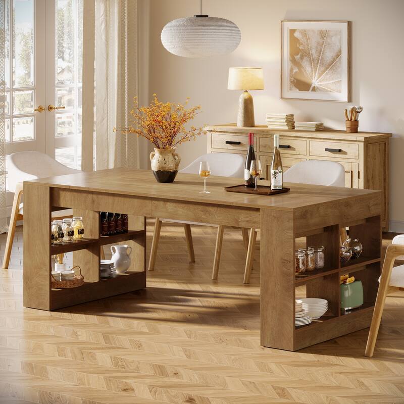 70.87-Inch Dining Table for 6 to 8 People, Wooden Kitchen Table with Storage Shelves for Dining Room - Rustic Brown