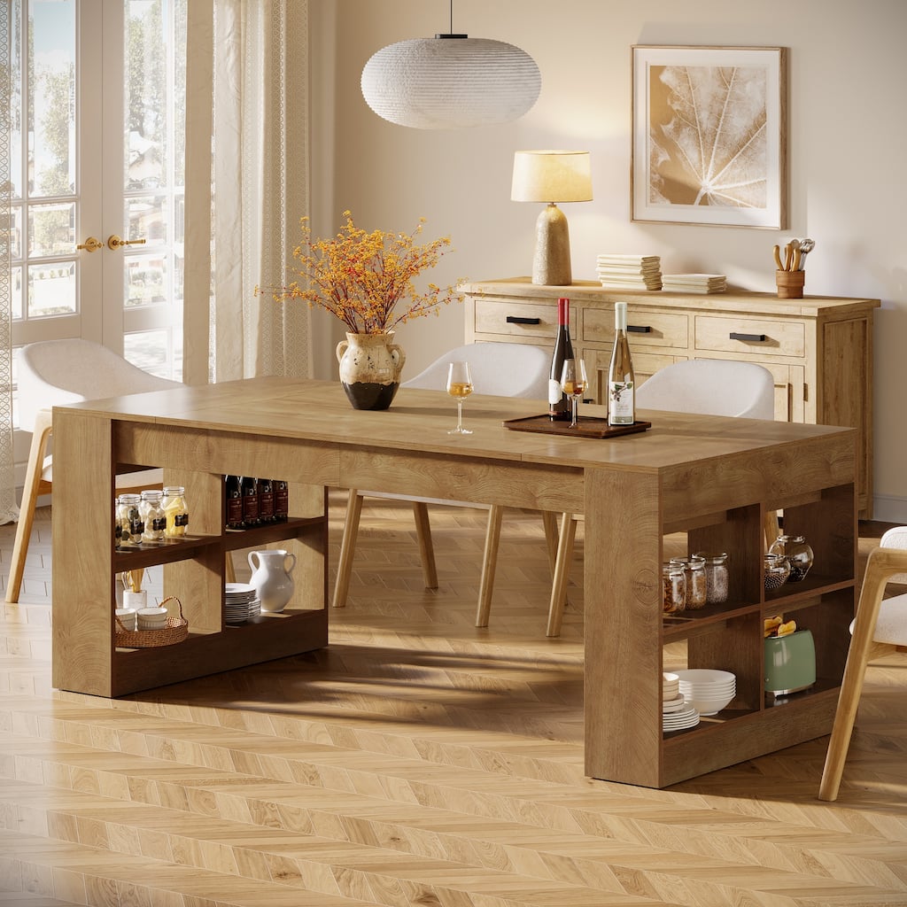 70.87-Inch Dining Table for 6 to 8 People, Wooden Kitchen Table with Storage Shelves for Dining Room