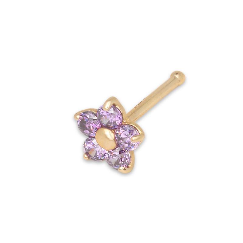 Curata Solid 14k Yellow Gold Purple, Green, Red, Pink or Blue Cubic Zirconia 3mm Flower Nose stud