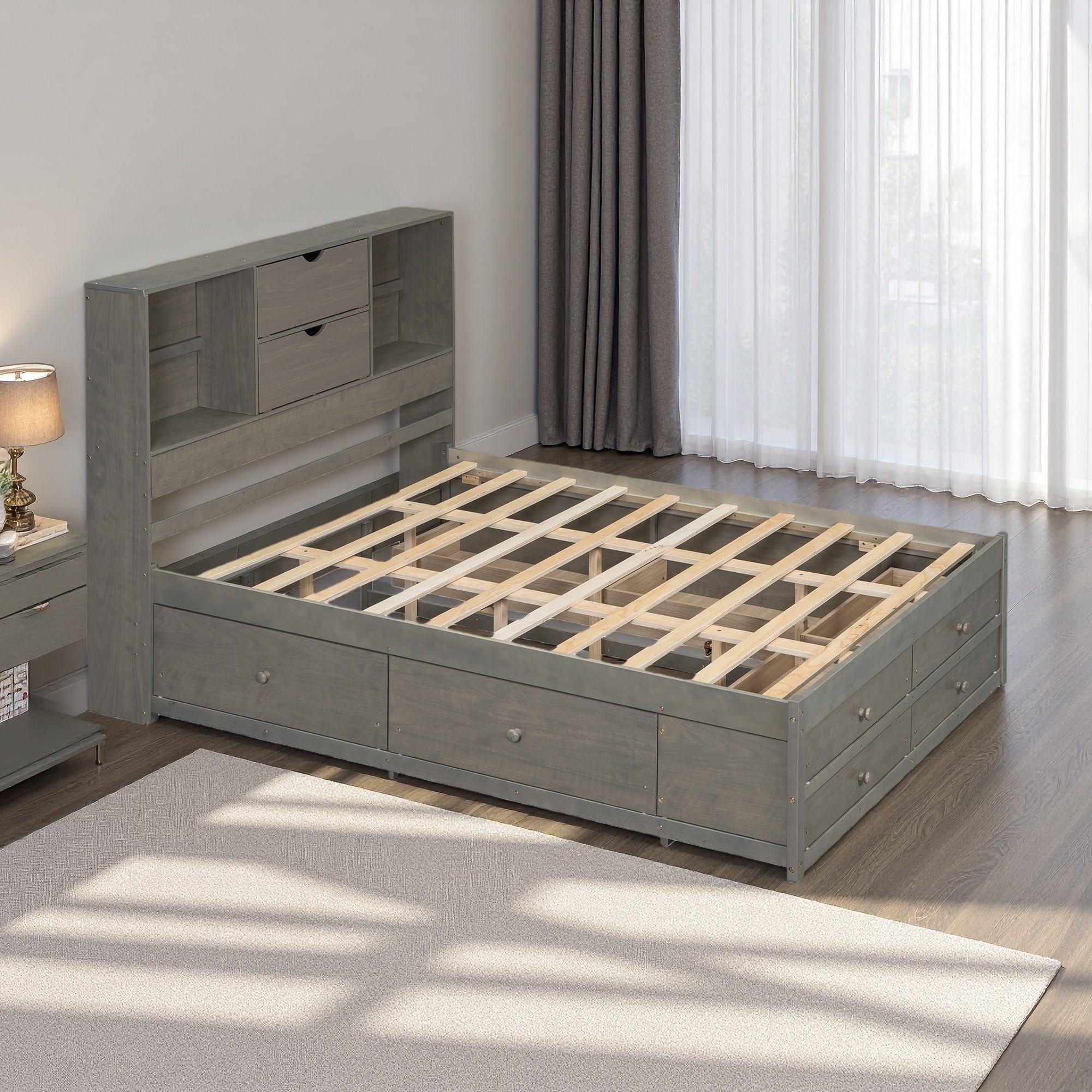 Queen Size Pine Wood Platform Bed with Storage Headboard, 8 Drawers, Built-in Shelves No Box Spring Required Easy Assembly