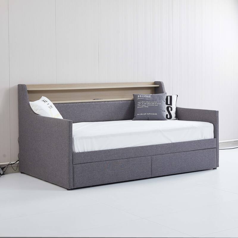 Twin Size Daybed with Storage Drawers, LED Lights, Charging Station, and Upholstered Design