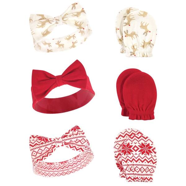 slide 1 of 1, Hudson Baby Infant Girl Cotton Headband and Scratch Mitten 6pc Set, Reindeer, 0-6 Months - Reindeer Reindeer - 0-6 Months