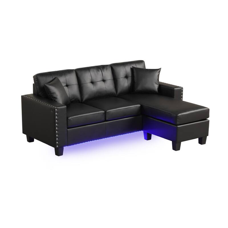 Renza Sectional Sofa Chaise with LED Lights, 2 Pillows, Black 74 Inch