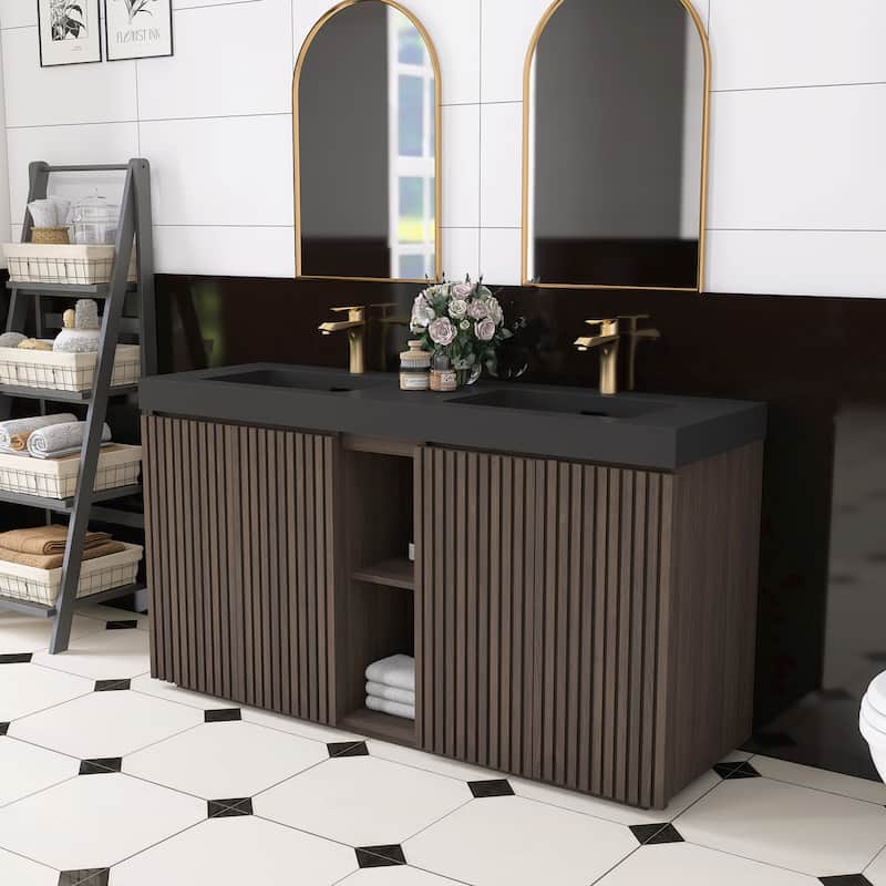 59.6'' Freestanding Bathroom Vanity with Black Integrated Solid Surface Sink in Smoked Oak - 59.49'' x 19.11'' x 36.45''