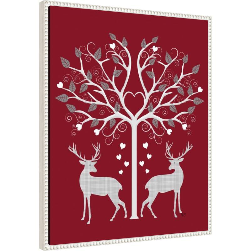 Christmas Des Deer and Heart Tree Grey on Red by Fab Funky (23 x 28 in.), Framed Canvas Wall Art Print - Sylvie Beaded White