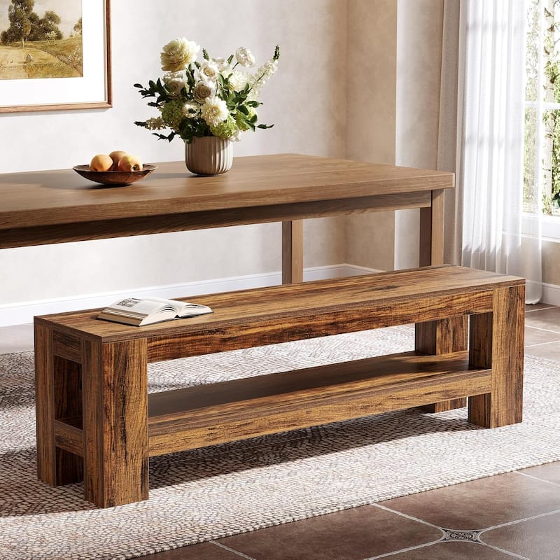 59" Dining Bench with Storage Shelf, Entryway Bench for Dining Room, Bedroom, Kitchen, End of Bed - Brown