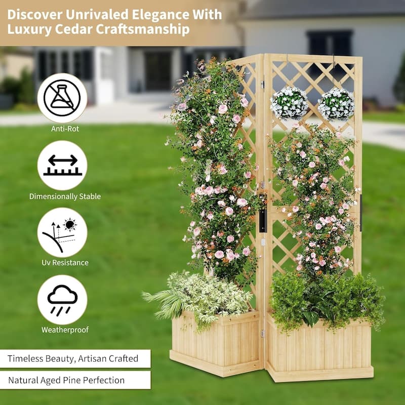 2-Panel Outdoor Privacy Screen with Planter Box and Trellis 41x10x65Inch Freestanding Garden Divider with Drain Holes