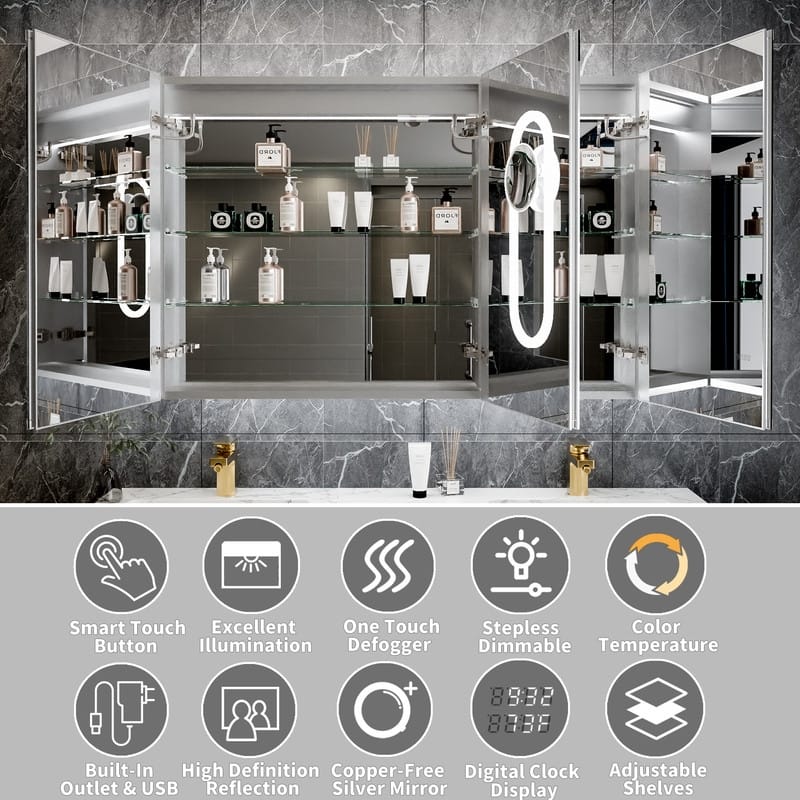 MEDUNJESS Triple Opening Frameless Demist Bathroom Mirror Cabinet - 48x32T