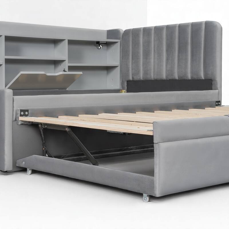 Multi-Functional Twin Daybed with Hidden Trundle, Storage Shelves, USB Ports & Power Outlet