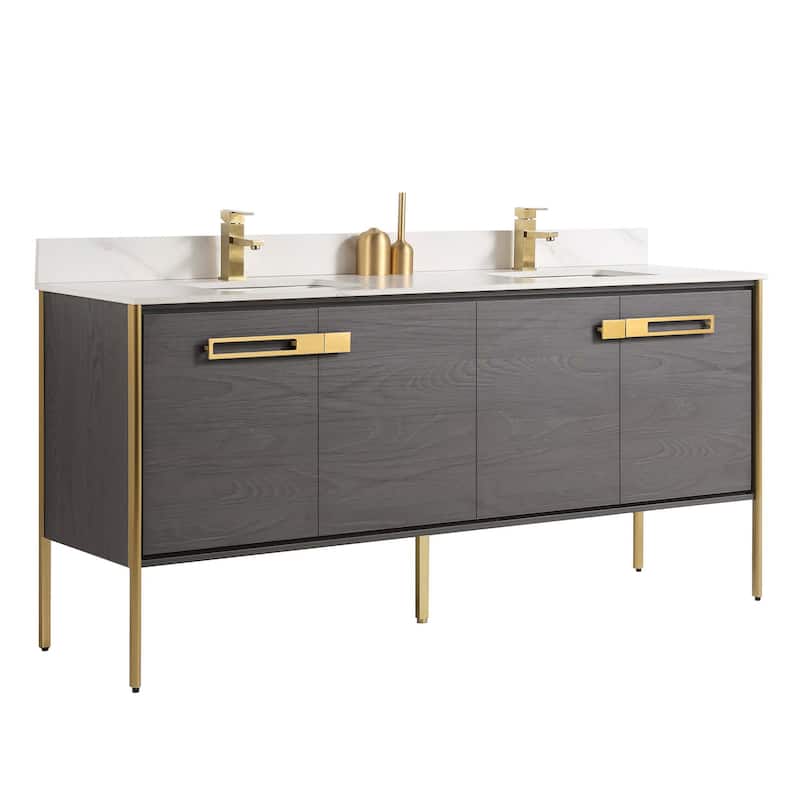 Fine Fixtures Oakville Bathroom Vanity with White Ceramic Sink - 72 Inch - Black Coal Oak - Satin Brass Hardware