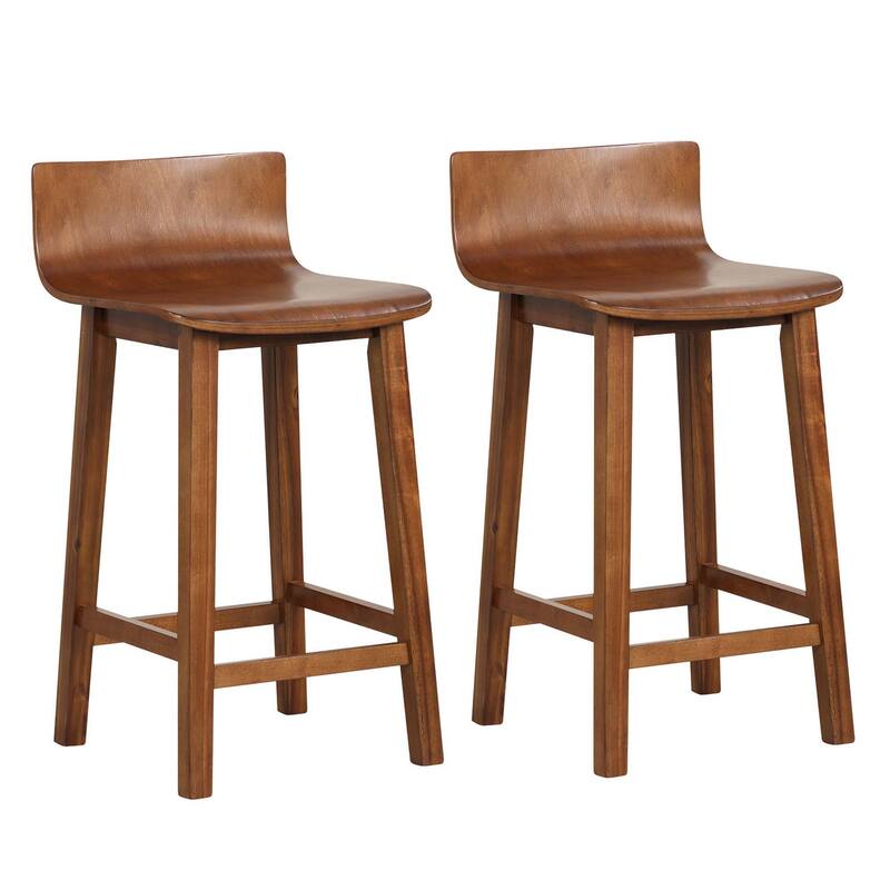 Set of 2 Bar Stools 24.5" Counter Height Bar Chairs w/ Curved Seat - Brown