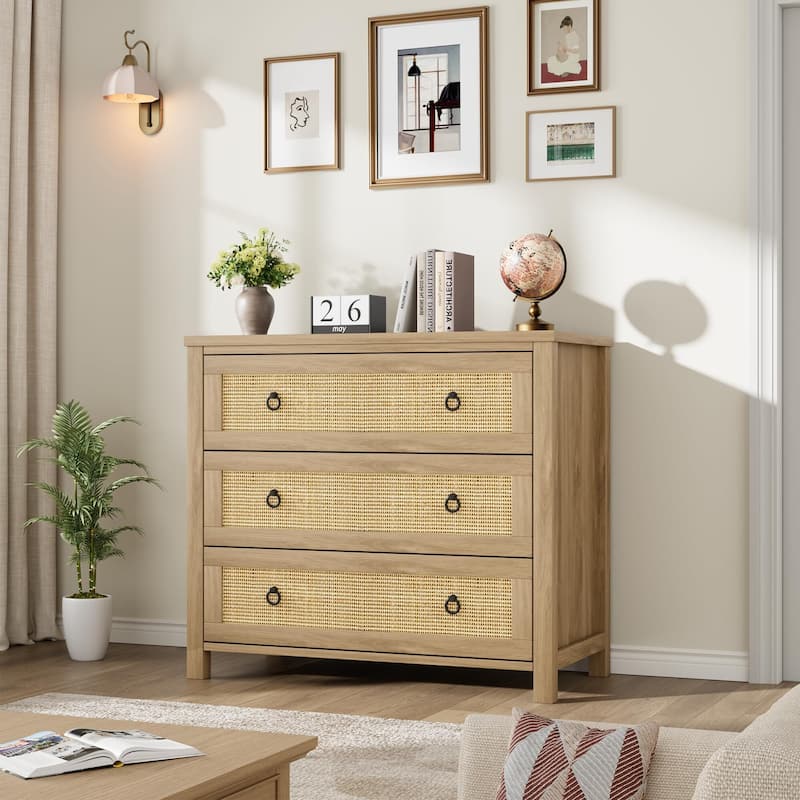 Boho Wide Drawer Dresser with Storage, Wooden Closet Dressers Chest of Drawers Freestanding for Bedroom