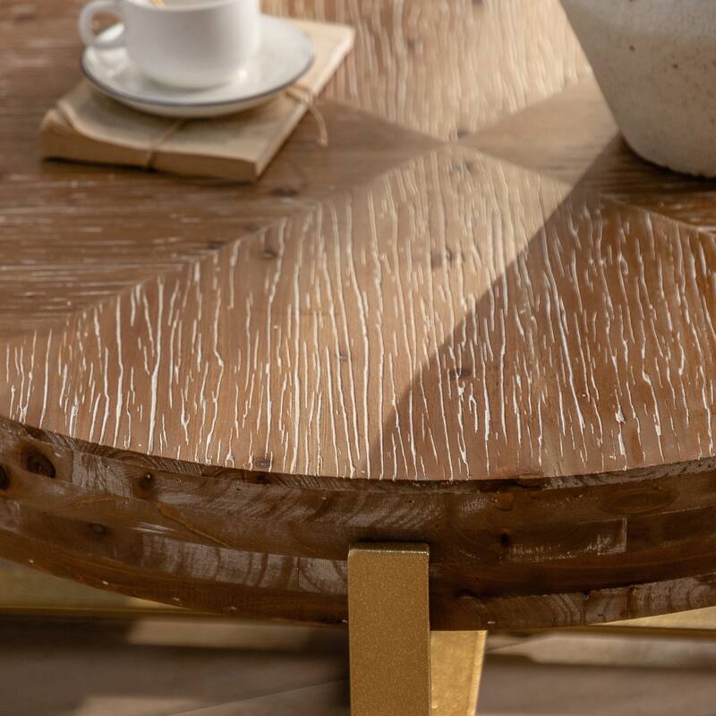 Roomfitters 31.29" Modern Retro Round Coffee Table with Fir Wood Top and Gold Cross Legs Base