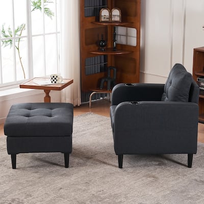 Modern Armchair with Storage Ottoman Set Tufted Single Sofa Chair with Cup Holders Lounge Reading Chair for Living Room