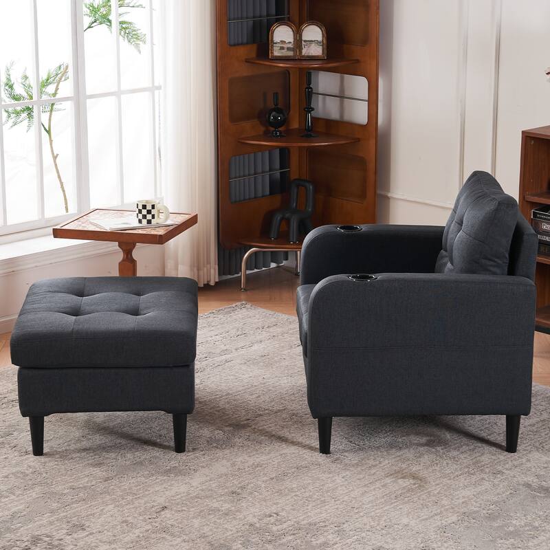 Upholstered Armchair & Ottoman Set with Storage & Cup Holders