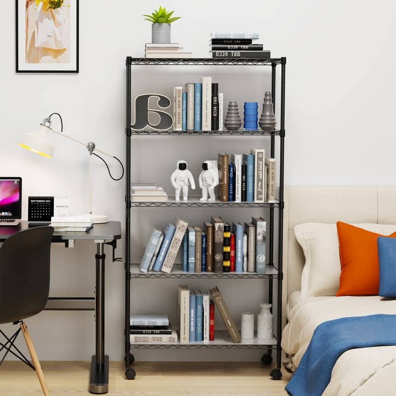 3/5/6-Tier Adjustable Heavy Duty Wire Shelving Unit with Wheels, Chrome/Black/White