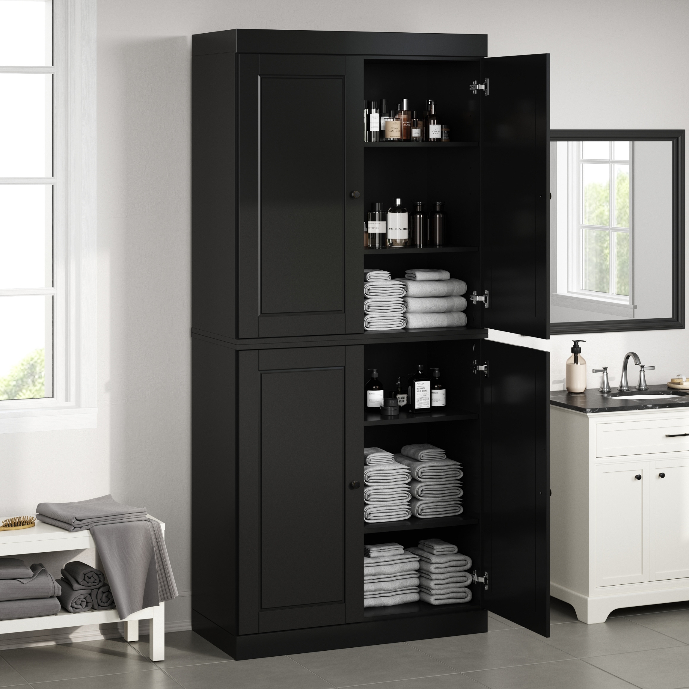 Palace Imports 100% Solid Wood Bathroom & Laundry Storage Cabinet, Raised Panel Doors, Adjustable Shelves, 32" Wide, 71.5" Tall