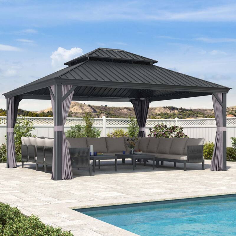 PURPLE LEAF Outdoor Galvanized Steel Hardtop Gazebo, Aluminum Frame Gazebo With Curtains