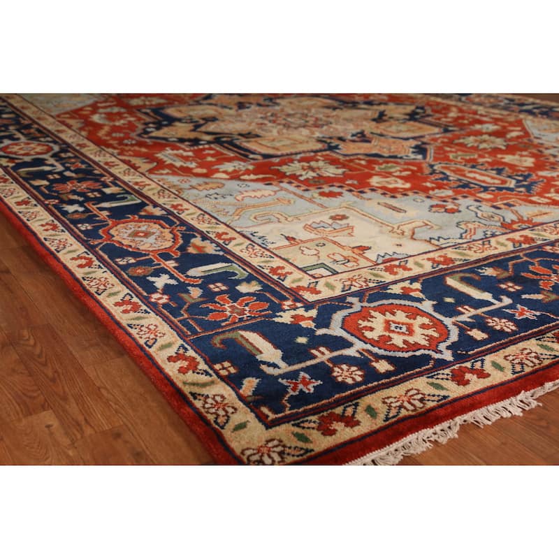 Geometric Heriz Serapi Indian Large Rug Handmade Wool Carpet - 9'9" x 13'9" - 9'9" x 13'9" - Orange