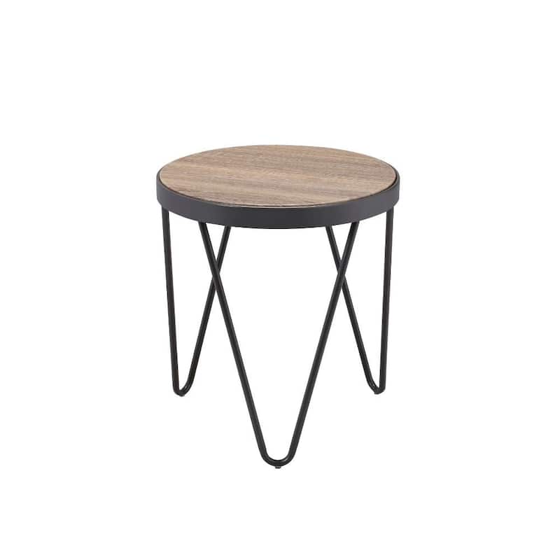 18" Round End Table with Black Iron Base and Brown Wood Top Rustic Accent for Living Room - 16.73”L x 16.73”W x 18.11”H