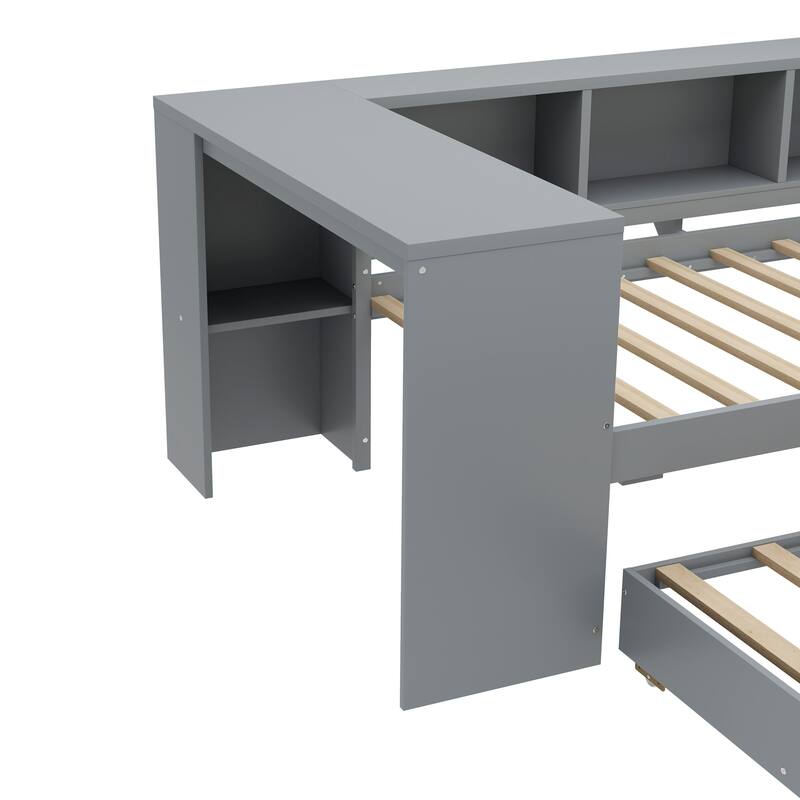 Roomfitters Twin/Full Size Wood Daybed with Trundle, Storage Drawers, Side Shelves & Built-in Desk, No Box Spring Needed