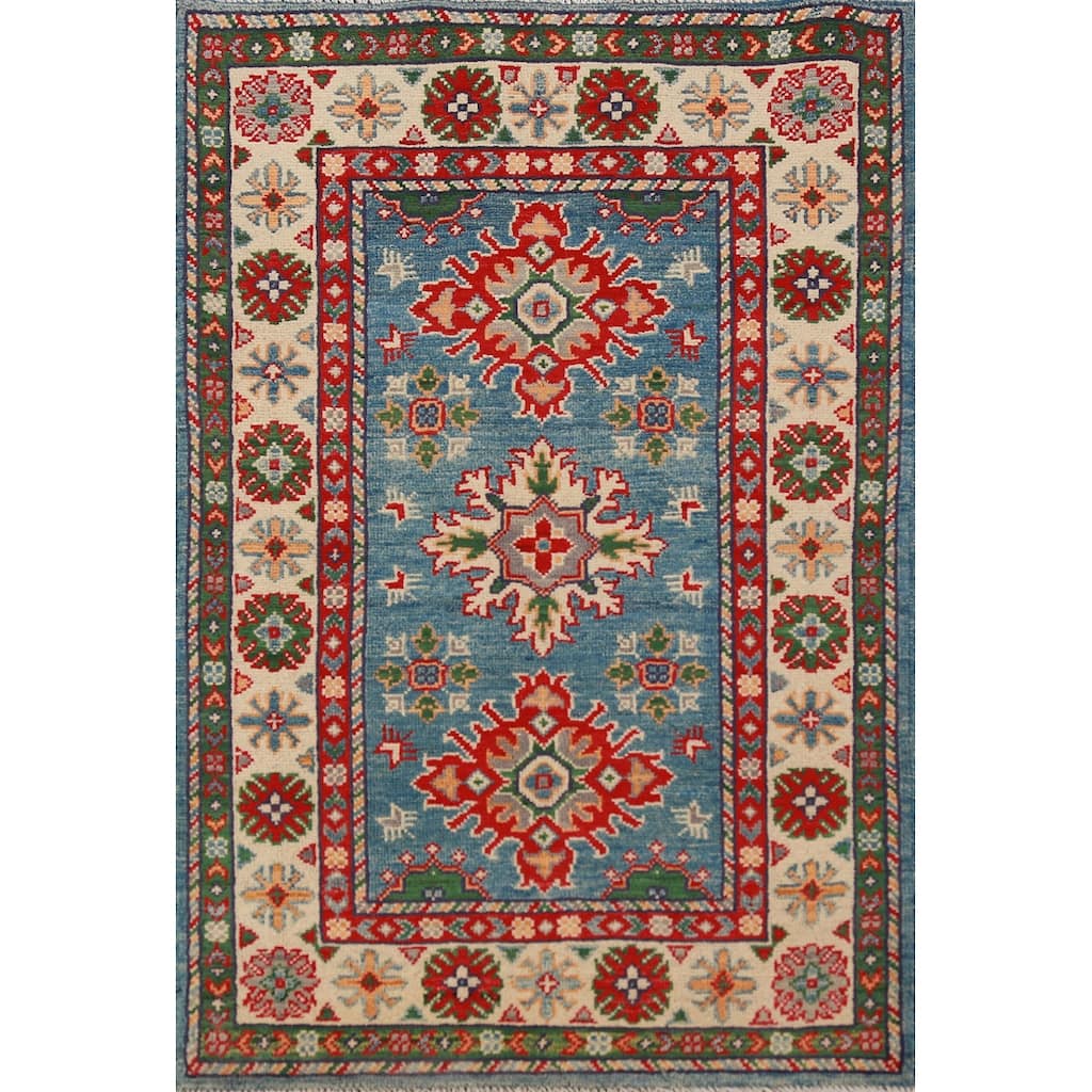 Blue Kazak Accent Rug Handmade Traditional / Geometric Wool Carpet - 2'8"x 4'1"