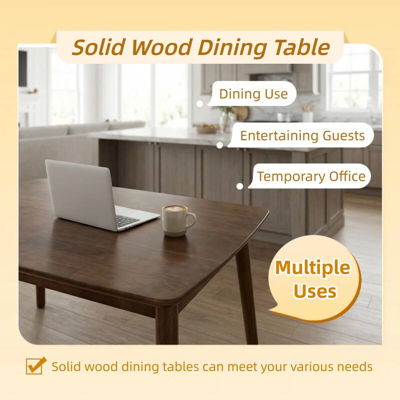 Solid Wood Dining Table, 47"Rectangular Dining Table, Mid Century Modern Kitchen Table with Rounded Corners, Easy to Assemble