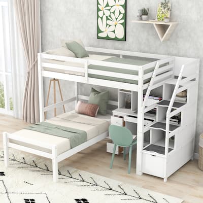 Loft Bed with a Stand-Alone Bed, Storage Staircase, Desk, Shelves and Drawers