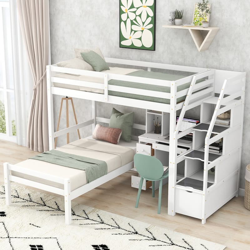 Twin Over Twin Loft Bed with a Stand-alone Bed & Storage Staircase, Solid Wood Twin Bed Frame with Desk, Shelves and Drawers
