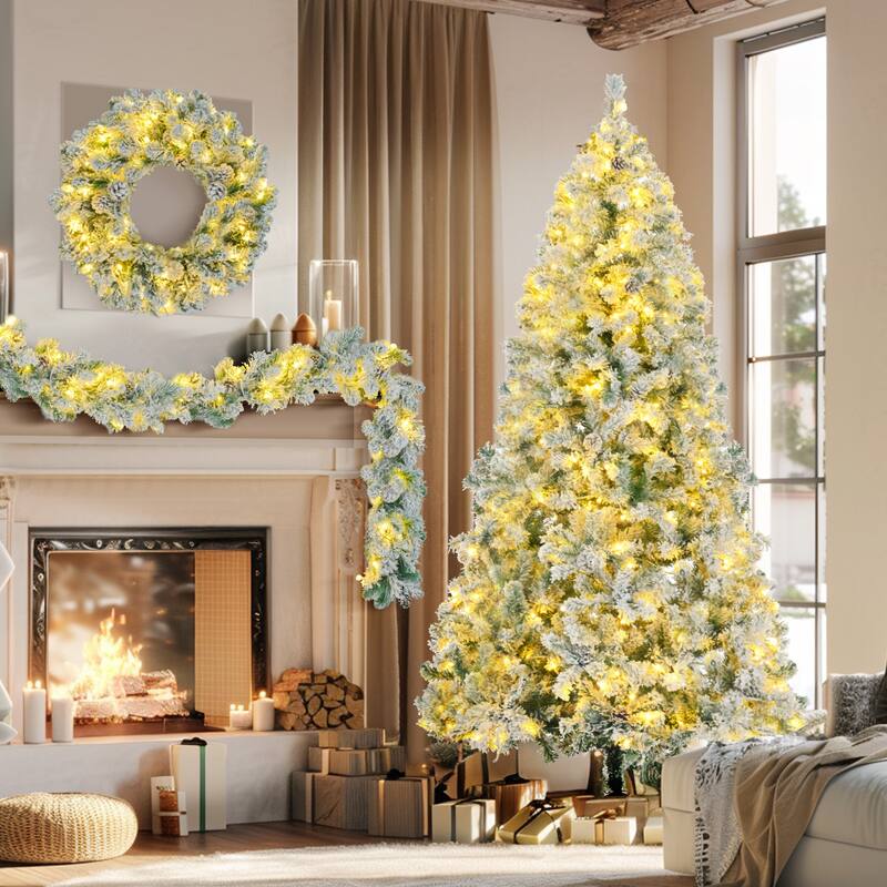 6FT Pre-Lit Christmas Tree with Garland & Wreath Set, LED Multi-Color & Warm Lights, Green and White Tips