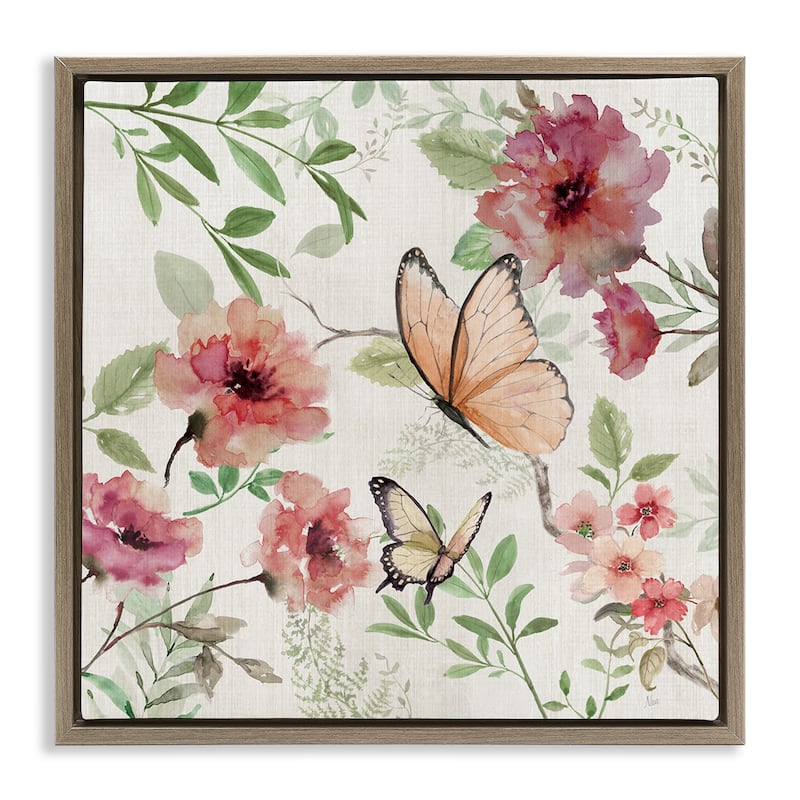 Stupell Butterflies over Wild Cottage Flowers Framed Floater Canvas Wall Art Design By Nan - 25 x 25 - Brown