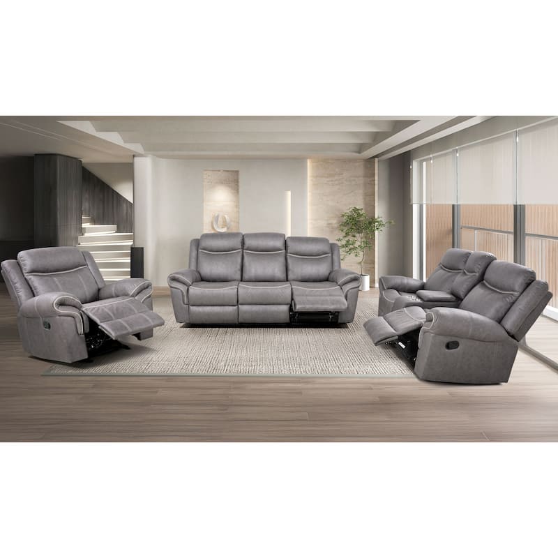 Verne Modern 3-Piece Brown Leather Manual Reclining Sofa Set with Cup Holders - Warm Grey