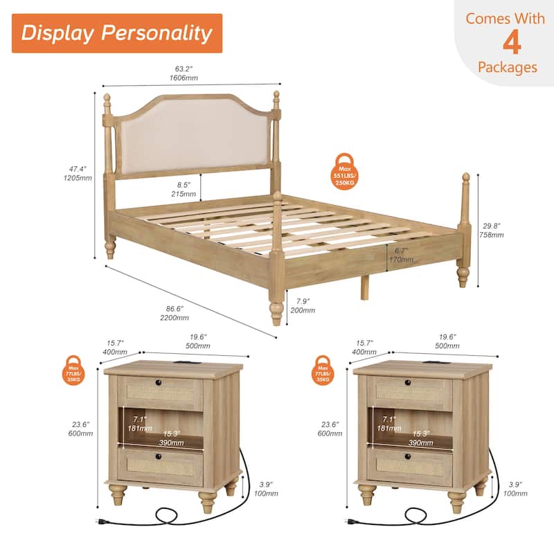 3 Piece Bedroom Set, Queen Size Bed Frame & Set of 2 Nightstands, Oak