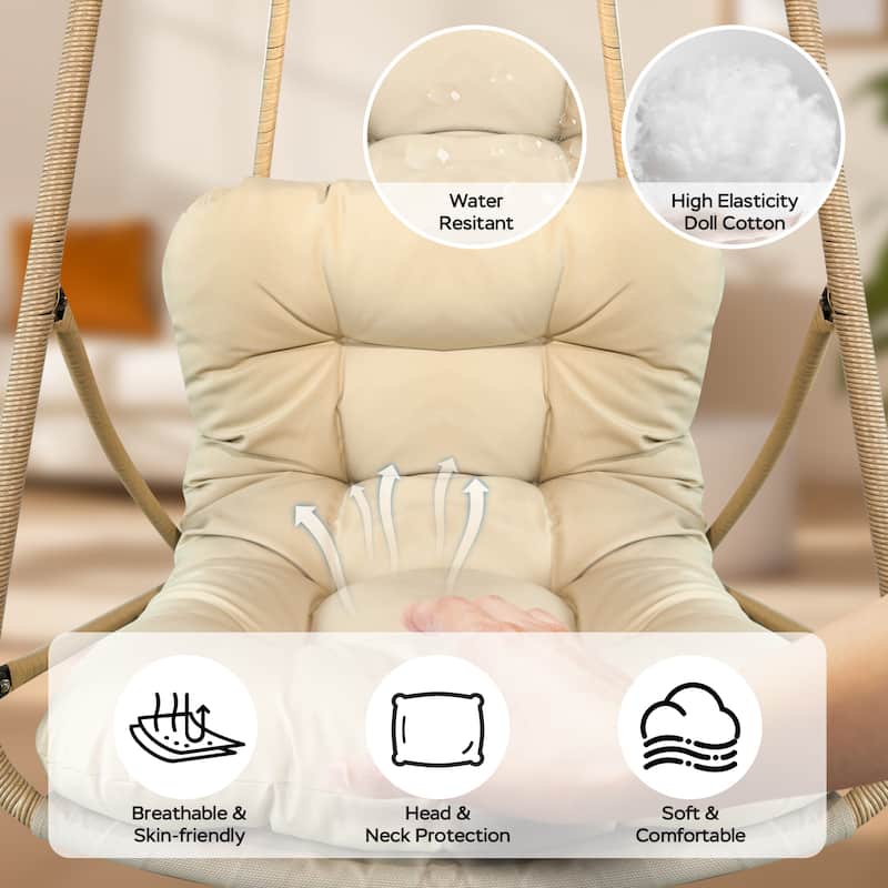 Rossetta Outdoor Wicker Rattan Patio Basket Foldable Hanging Chair with C Type Bracket , Cushion and Pillow