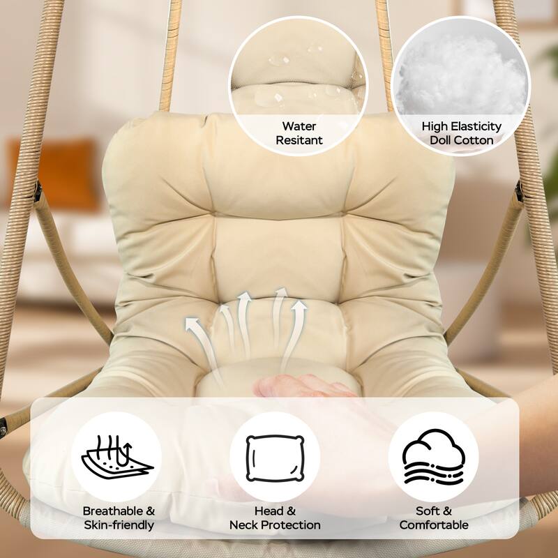 Wicker Swing Egg Chair with Metal Stand and Cup Holder, Patio Hanging Chair with Cushion and Pillow, C Type Bracket