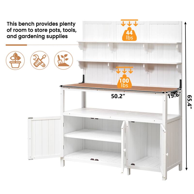 Roomfitters 50 Inch Solid Fir Wood Potting Bench with Hutch and Cabinets, Garden Workstation Table