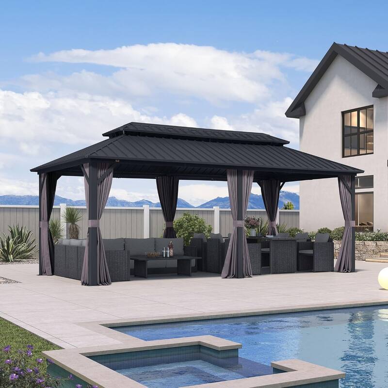 PURPLE LEAF Gazebo Grey Outdoor with Dual-Layer Galvanized Steel Double Roof Aluminum Gazebo with Netting and Curtains