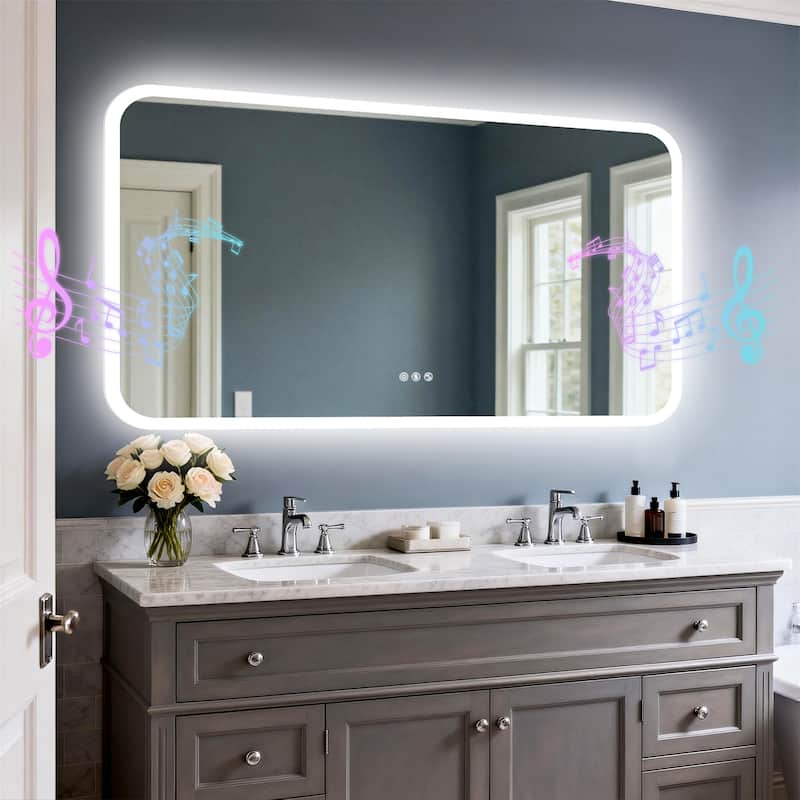 Bluetooth Speaker Smart LED Illuminated Tempered Glass Lighted Bathroom Mirror Backlight Wall Makeup Mirror