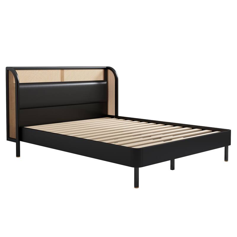 Cannage Rattan Bed Frame, Queen Size Platform Bed, with Ratten