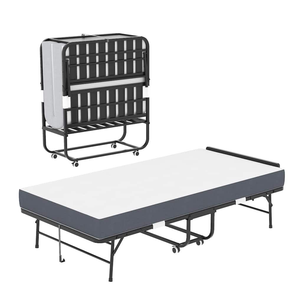 75" Folding Bed with Adjustable Headboard, 5" Memory Foam Rollaway Bed for Tall People, Heavy-Duty Portable Guest Bed