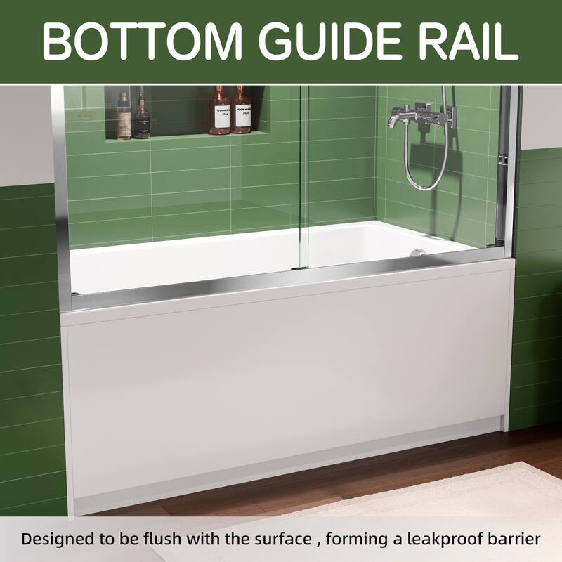 60x60 Sliding Tub Shower Door, Double Bypass, 6mm Tempered Glass, Bright Aluminum Frame, Hidden Rollers, 4 in Adjustable