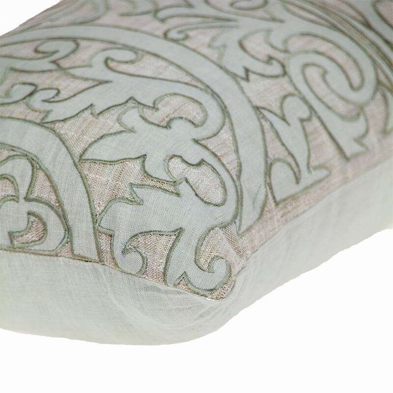 14" X 24" Beige and Green Linen Lumbar Throw Pillow with Embroidery